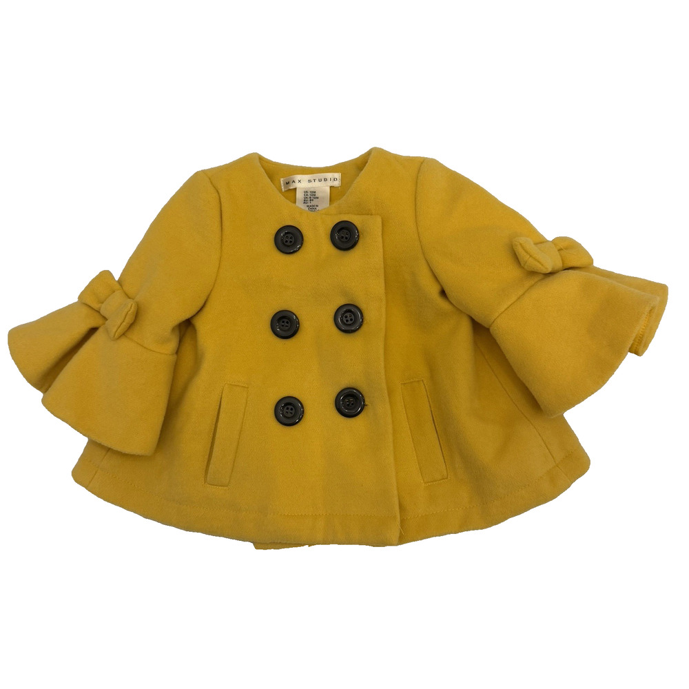 Max Studio Girls Pea Coat Yellow Size 12 Months Bell Sleeves With Bows